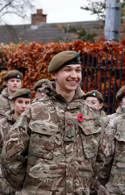 Pocklington School CCF army cadet smiling in a parade